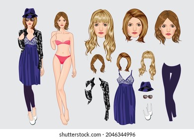 Vector set of Paper woman doll and collection of clothes and accessories for cut out and play for girls.