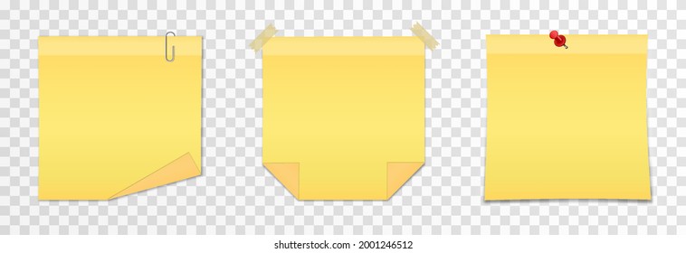 Vector Set Of Papers For Notes On An Isolated Transparent Background. Realistic Sticky Note With Push Pin, Paper Clip, Adhesive Tape. Paper, Sheet, Notes, Png.