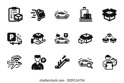 Vector set of Parcel shipping, Parking security and Packing boxes icons simple set. Delivery man, Airplane wifi and Parcel checklist icons. Car, Push cart and Search car signs. Vector