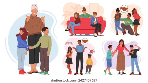 Vector Set of Parents Characters Mediate Between Squabbling Siblings, Urging Empathy And Sharing, Fostering Understanding And Compromise, Aiming For Peace And Stronger Bonds In A Nurturing Embrace