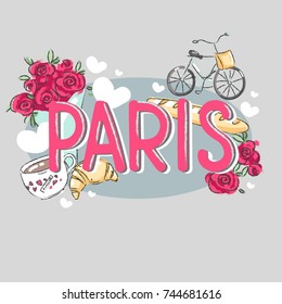 vector set of paris. coffee, croissant, bicycle and cat