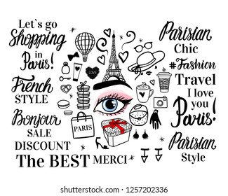 Vector set Paris Fashion Shopping. Round concept. Lettering inscription, sketch illustration, Eiffel tower, Womens accessories on white background