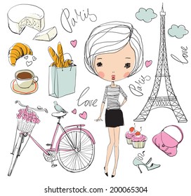 Vector set of Paris. Girl. 