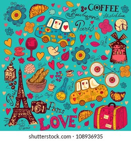 Vector set of Paris symbols. Vector seamless pattern