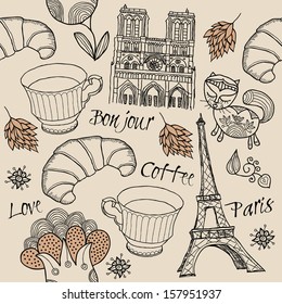 Vector set of Paris symbols. Vector seamless pattern 