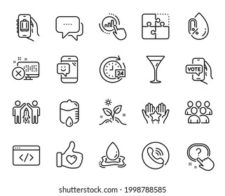 Conjunto de vectores de la Asociación, conjunto de iconos de la línea Martini glass y Smile. Grow plant, Graph chart e iconos de acceso de rechazo. Centro de llamadas, signos de salpicaduras de agua y rompecabezas. Símbolo web de asociación. Vector