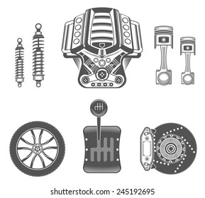 Vector set of parts of the machine. Engine, gearbox, shock absorber, wheel, brake pads, piston.