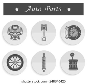 Vector set of parts of the machine. Engine, gearbox, shock absorber, wheel, brake pads, piston