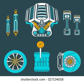 Vector set of parts of the machine. Engine, gearbox, shock absorber, wheel, brake pads, piston.