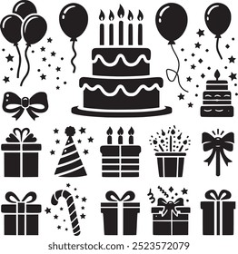 Vector set of party birthday flat icons. Contains icons of firework, cake, gift box, balloon, masquerade, champagne and more.