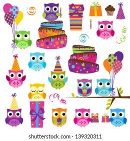 Vector Set of Party or Birthday Themed Owls