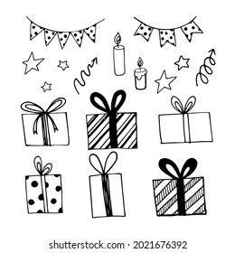 Vector set of party clipart with gift boxes. Funny, cute illustration for seasonal design, cards. Hand drawn prints and doodle.