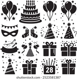 Vector set of party flat birthday icons. Contains icons of firework, cake, balloon, gift box, masquerade, champagne and more