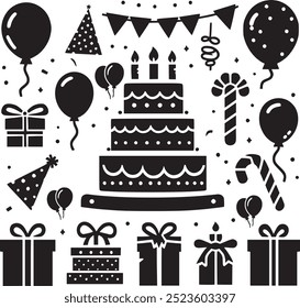 Vector set of party flat birthday silhouette. Contains icons of firework, cake, balloon, gift box, masquerade, champagne and more