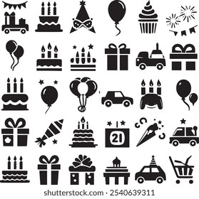 Vector set of party flat birthday icons. Contains icons of firework, cake, balloon, gift box, masquerade, champagne and more.