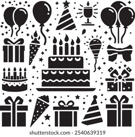 Vector set of party flat birthday icons. Contains icons of firework, cake, balloon, gift box, masquerade, champagne and more.