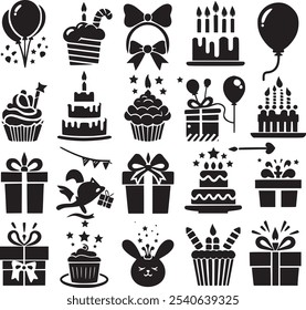 Vector set of party flat birthday icons. Contains icons of firework, cake, balloon, gift box, masquerade, champagne and more.