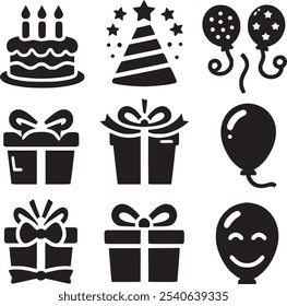 Vector set of party flat birthday icons. Contains icons of firework, cake, balloon, gift box, masquerade, champagne and more.