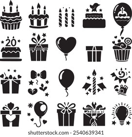 Vector set of party flat birthday icons. Contains icons of firework, cake, balloon, gift box, masquerade, champagne and more.