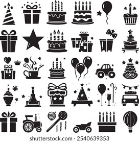 Vector set of party flat birthday icons. Contains icons of firework, cake, balloon, gift box, masquerade, champagne and more.