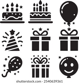 Vector set of party flat birthday icons. Contains icons of firework, cake, balloon, gift box, masquerade, champagne and more.