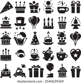 Vector set of party flat birthday icons. Contains icons of firework, cake, balloon, gift box, masquerade, champagne and more.