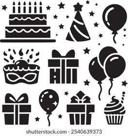 Vector set of party flat birthday icons. Contains icons of firework, cake, balloon, gift box, masquerade, champagne and more.