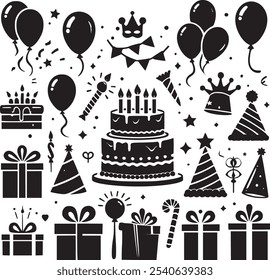 Vector set of party flat birthday icons. Contains icons of firework, cake, balloon, gift box, masquerade, champagne and more.