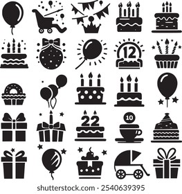 Vector set of party flat birthday icons. Contains icons of firework, cake, balloon, gift box, masquerade, champagne and more.