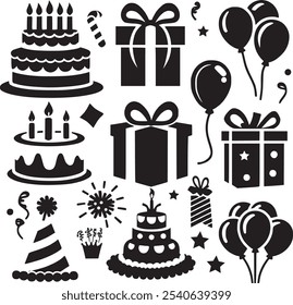 Vector set of party flat birthday icons. Contains icons of firework, cake, balloon, gift box, masquerade, champagne and more.