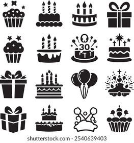 Vector set of party flat birthday icons. Contains icons of firework, cake, balloon, gift box, masquerade, champagne and more.