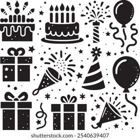Conjunto de Vector de iconos de cumpleaños planos de fiesta. Contiene iconos de fuegos artificiales, pastel, globo, caja de regalo, mascarada, champán y más.