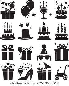Vector set of party flat birthday abstract icons. Contains icons of firework, cake, balloon, gift box, Christmas icon, car, masquerade, champagne and more.