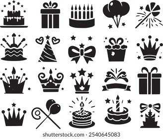 Vector set of party flat birthday abstract icons. Contains icons of firework, cake, balloon, gift box, Christmas icon, car, masquerade, champagne and more.