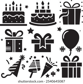 Vector set of party flat birthday abstract icons. Contains icons of firework, cake, balloon, gift box, Christmas icon, car, masquerade, champagne and more.