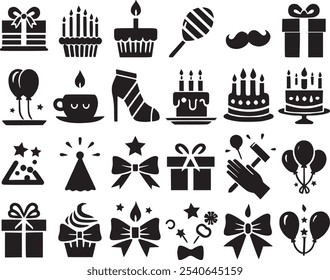 Conjunto vetorial de ícones abstratos de aniversário plano do grupo. Contém ícones de fogo de artifício, bolo, balão, caixa de presente, ícone de Natal, carro, máscara, champanhe e muito mais.