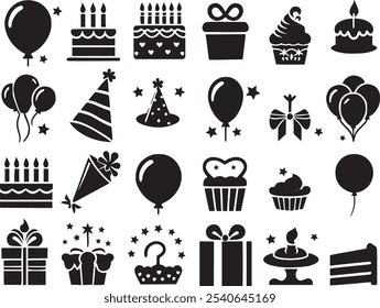 Vector set of party flat birthday abstract icons. Contains icons of firework, cake, balloon, gift box, Christmas icon, car, masquerade, champagne and more.