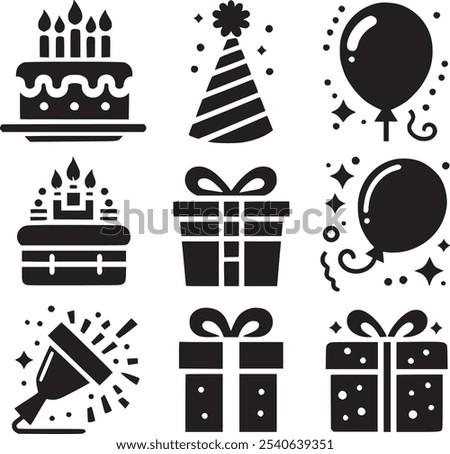 Vector set of party flat birthday icons. Contains icons of firework, cake, balloon, gift box, masquerade, champagne and more.