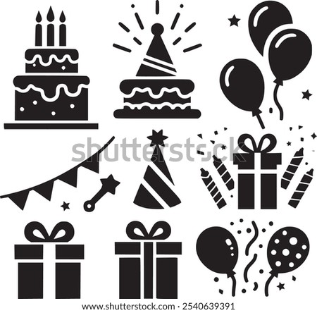 Vector set of party flat birthday icons. Contains icons of firework, cake, balloon, gift box, masquerade, champagne and more.