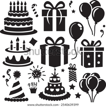 Vector set of party flat birthday icons. Contains icons of firework, cake, balloon, gift box, masquerade, champagne and more.