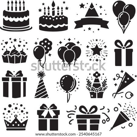 Vector set of party flat birthday abstract icons. Contains icons of firework, cake, balloon, gift box, Christmas icon, car, masquerade, champagne and more.