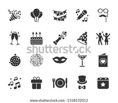 Vector set of party flat icons. Contains icons of firework, cake, karaoke, masquerade, champagne and more. Pixel perfect, scalable 24, 48, 96 pixels.