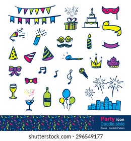 Vector : Set of party icon in doodle style , include colorful confetti pattern