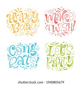 Vector set of party illustrations. Hand drawn lettering for invitation and greeting card, template, event prints and posters. Festive design with calligraphic and graphic elements