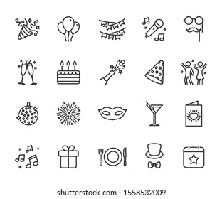 Vector set of party line icons. Contains icons of firework, cake, karaoke, masquerade, champagne and more. Pixel perfect, scalable 24, 48, 96 pixels.