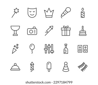 Vector set of party thin line icons. Design of stroke pictograms. Signs of calendar isolated on a white background
