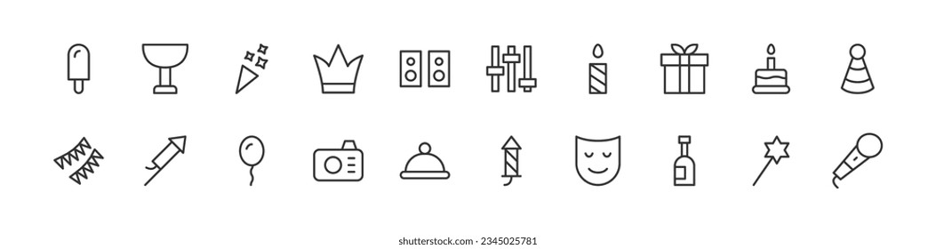 Vector set of party thin line icons. Design of stroke pictograms. Signs of calendar isolated on a white background