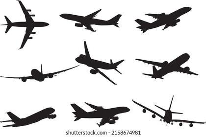 Vector set of passenger aircraft silhouettes. Shadows of iron birds, airplanes, air liners. svg