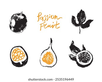 Vektor-Satz von Passion Fruit schwarzen Zeichen Vorlagen. Einzeln farbige Illustrationen von Granadilla - Organic Tropical Fruits Freihandzeichnungen - Kosmetik, Jogurt, Babynahrung Pure Etikettenkonzept.