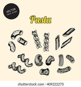 Vector set of pasta. Background consist of six types of pasta. Hand drawn sketch art style.